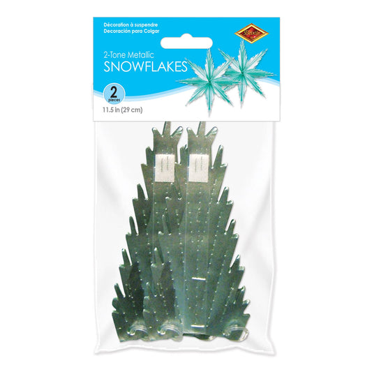 11½" 2-Tone Metallic Snowflakes, turquoise & silver, 2/pkg