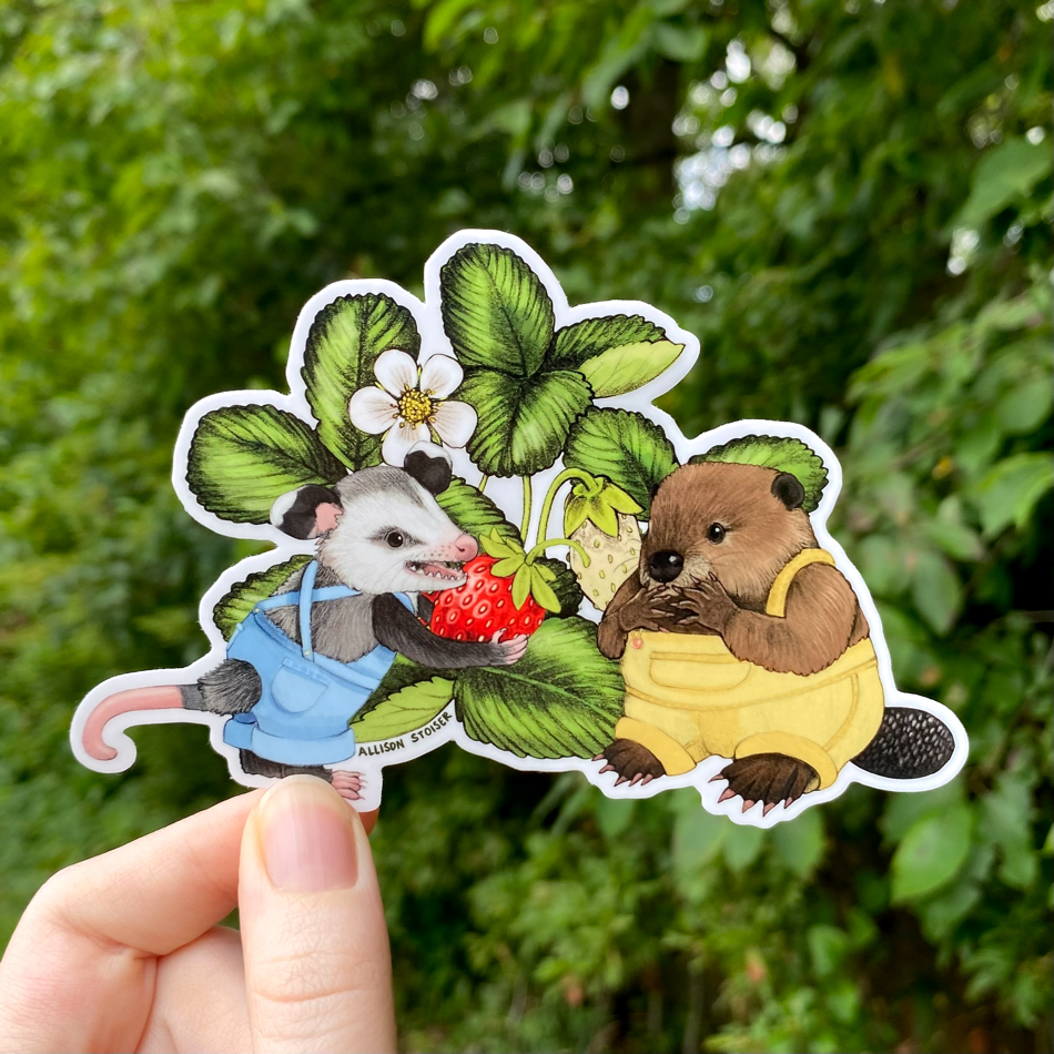 Strawberry Farmer Opossum and Beaver Sticker