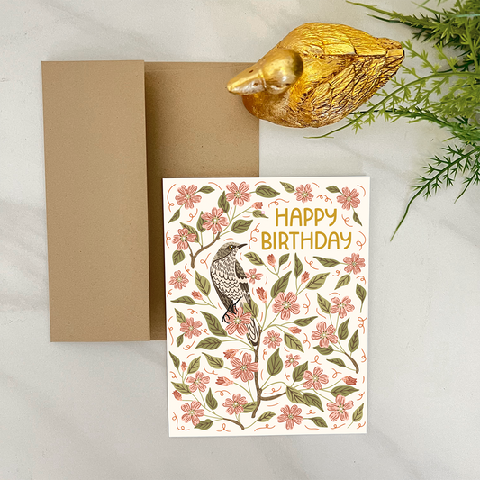 Apple Blossom Birthday Card - Bird & Floral Greeting Card