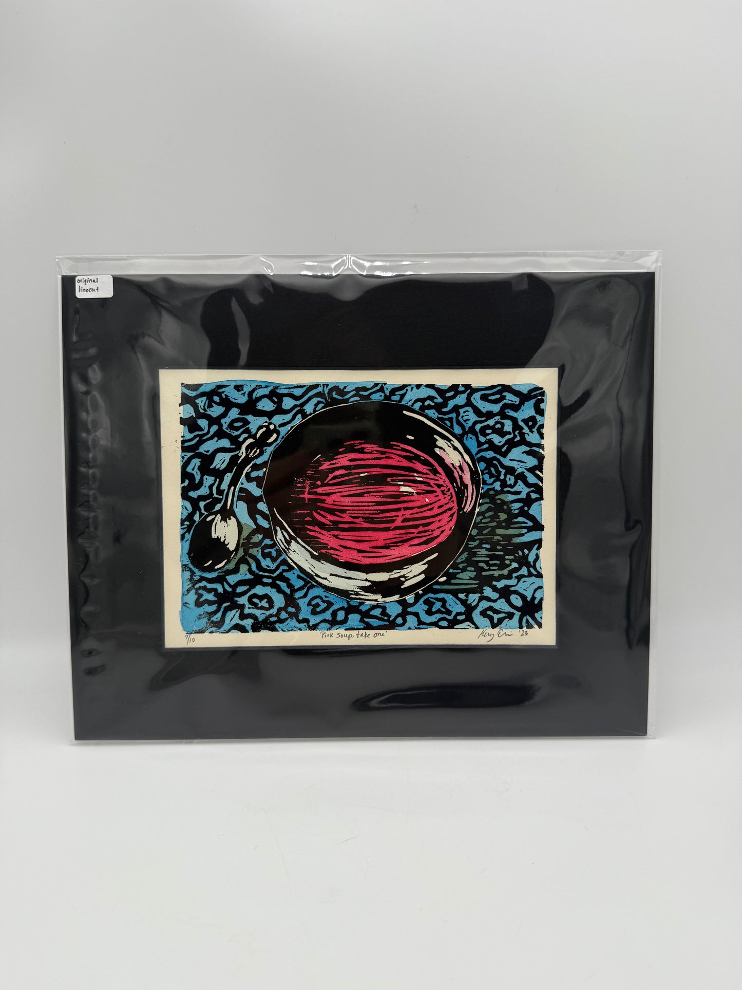 Pink Soup, Take One Original Painted Linocut 8x10 Print