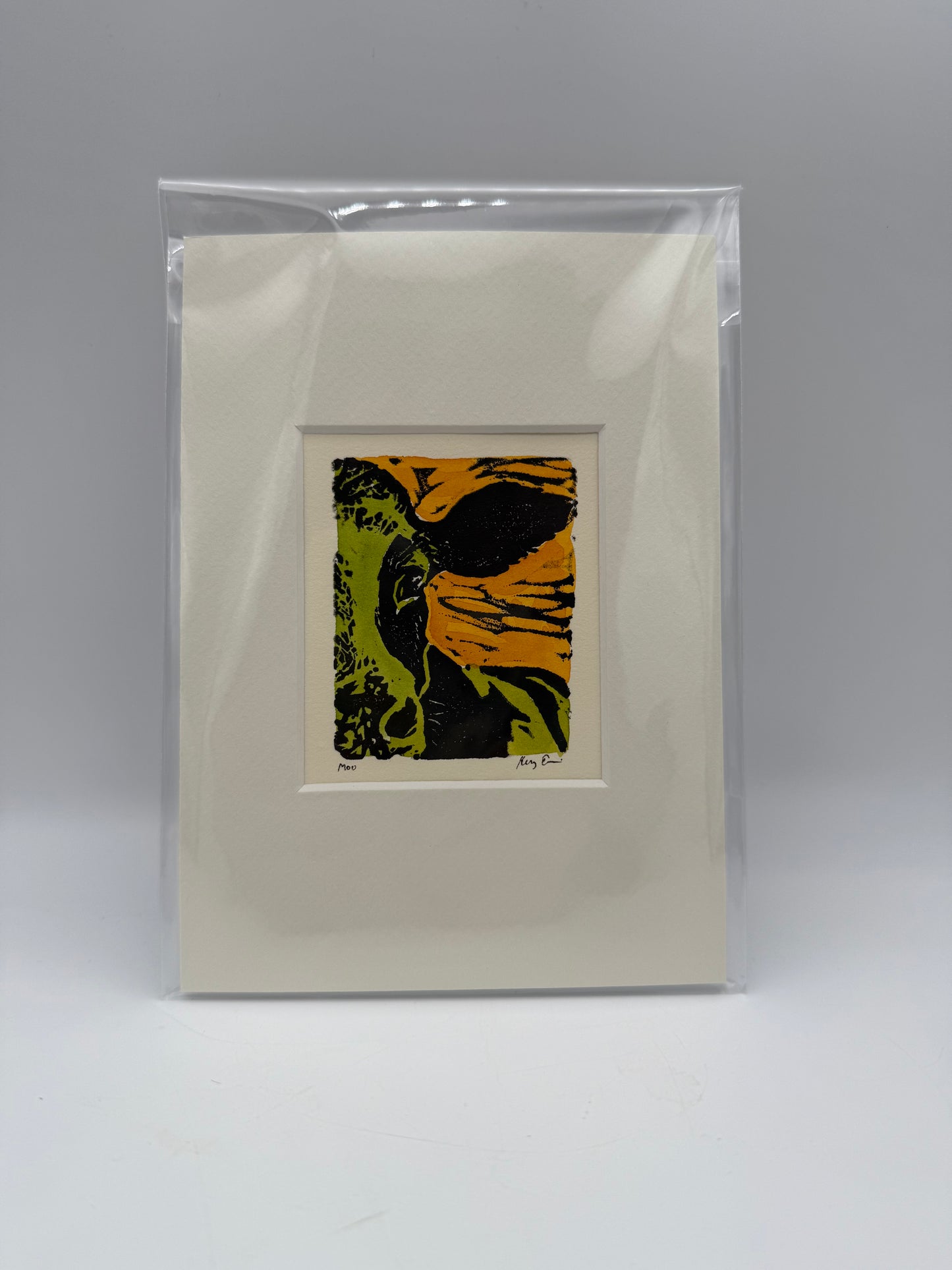 Original Linocut Matted Print 5X7 - Cow