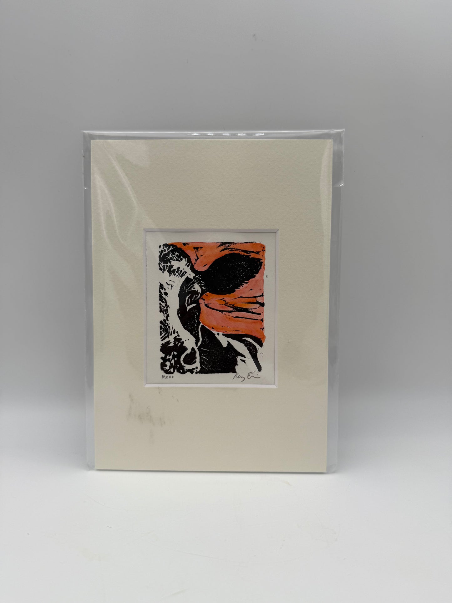 Original Linocut Matted Print 5X7 - Cow