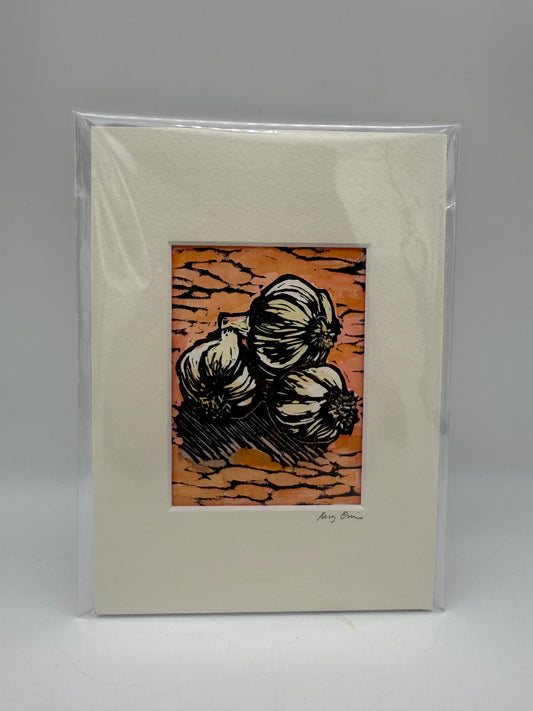 Original Linocut Matted Print 5X7 - Garlic