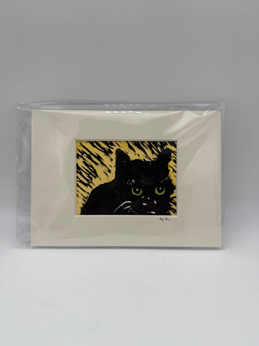 Original Linocut Matted Print 5X7 - Cat