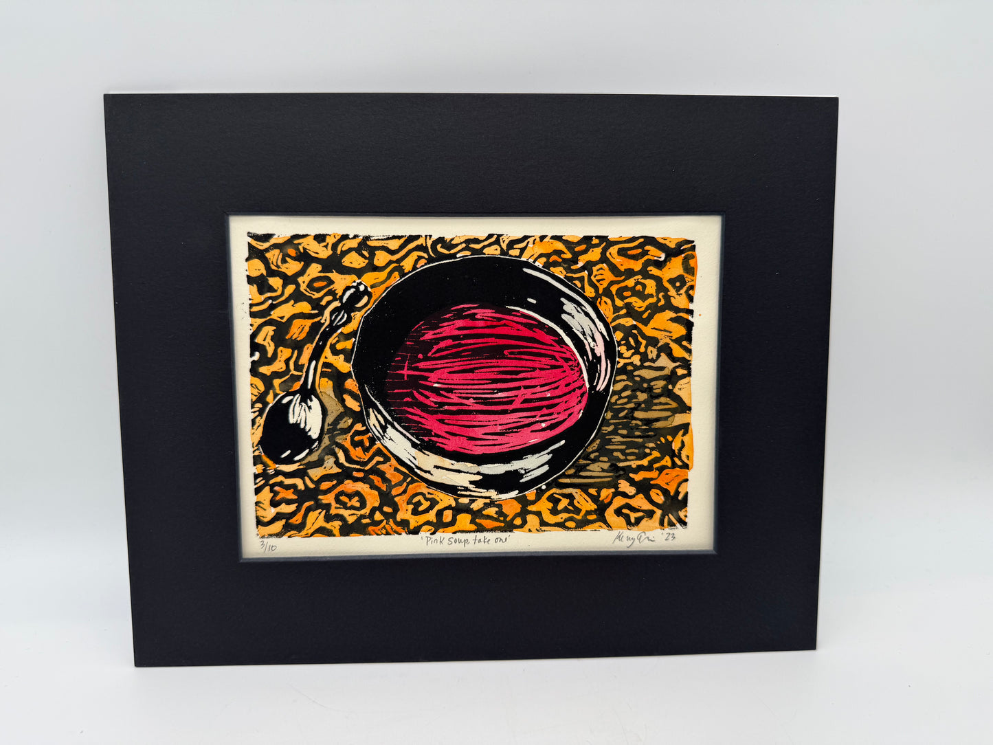 Pink Soup, Take One Original Painted Linocut 8x10 Print