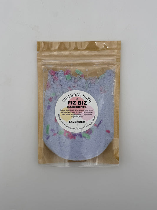 Fiz Biz lavender birthday bath salts in packaging on a white background