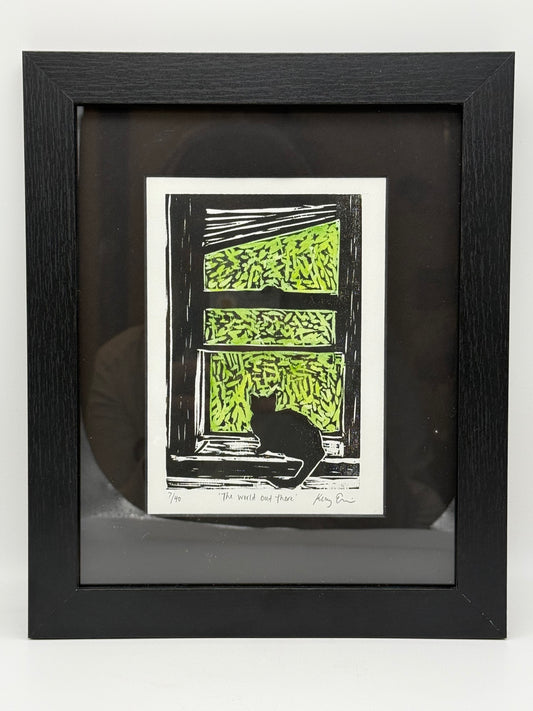 Original Woodcut Print, Handpainted - Cat in Shade Window Framed