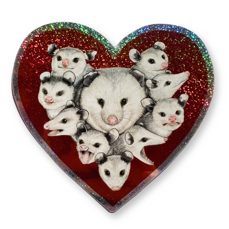 Mom Opossum with Babies Sparkly Heart Sticker