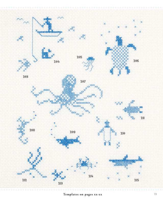 Collection of blue cross-stitch patterns on a white background