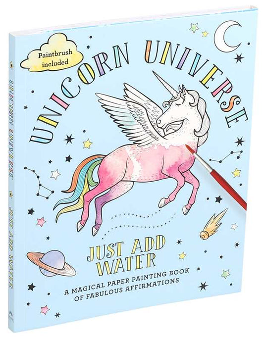 Coloring book titled 'Unicorn Universe' with a unicorn illustration on a light blue background.