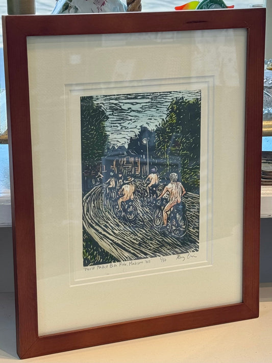 World Naked Bike Ride Original Woodcut Print - The Regal Find