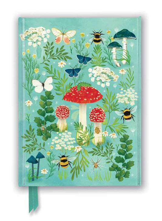 Notebook cover with colorful illustration of mushrooms, flowers, and insects on a blue background