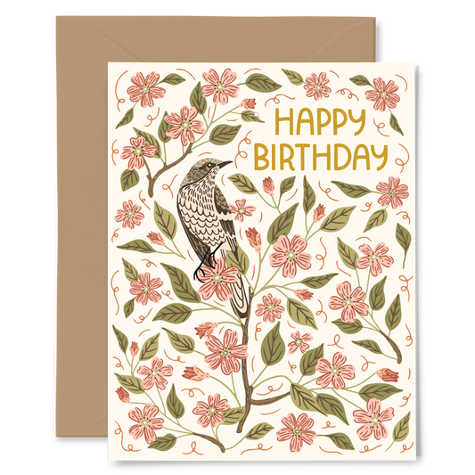 Apple Blossom Birthday Card - Bird & Floral Greeting Card