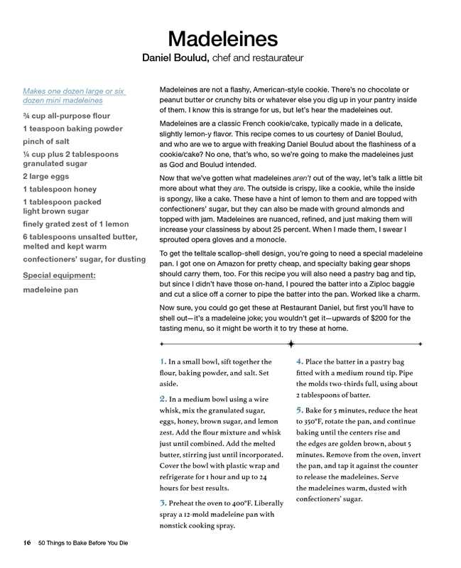 Recipe for Madeleines by Daniel Boulud on a white background