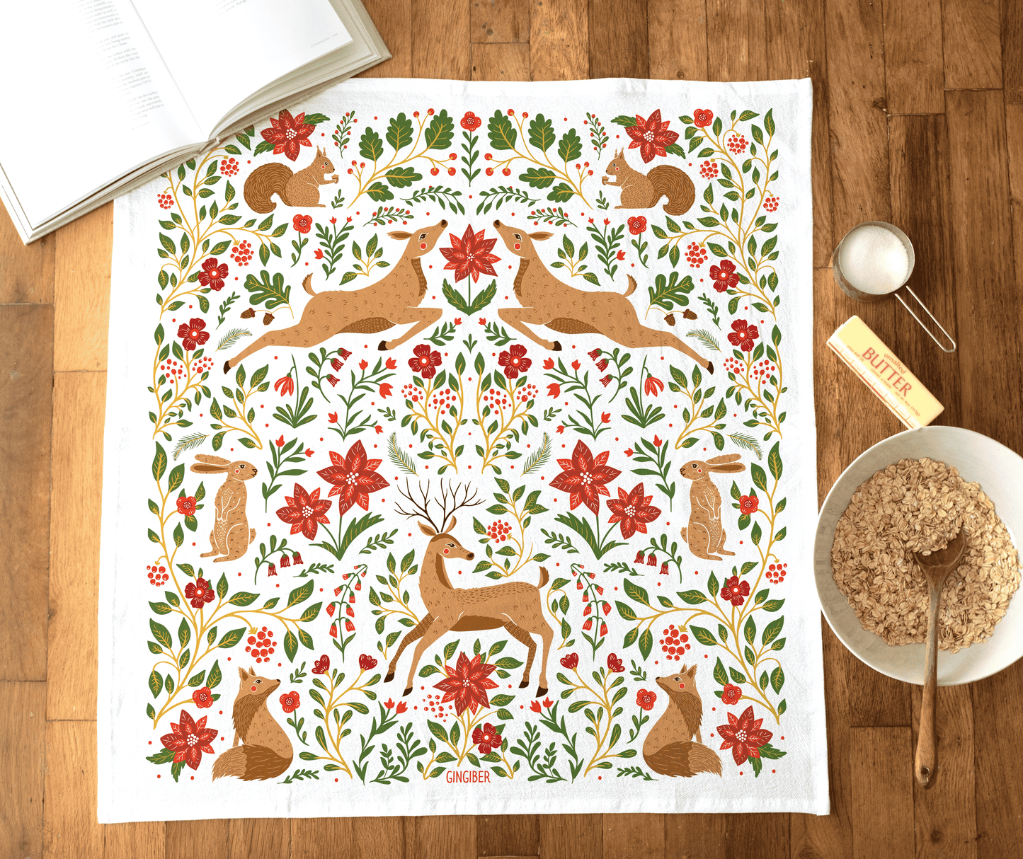 Christmas Forest Tea Towel - Woodland Holiday Kitchen Towel