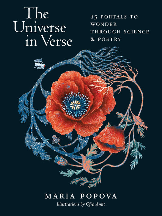 Book cover of 'The Universe in Verse' with floral illustration and text on a dark background