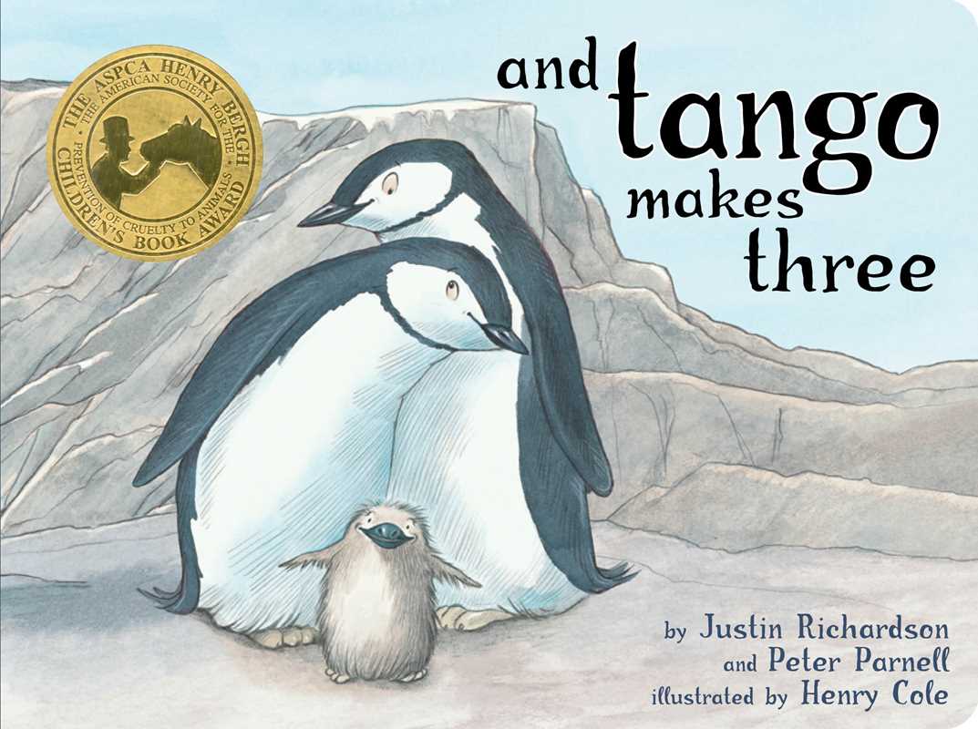 Book cover of 'And Tango Makes Three' featuring two penguins and a chick on a rocky background.