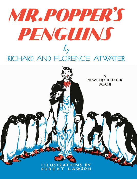 Book cover of 'Mr. Popper's Penguins' with a man in formal attire surrounded by penguins.