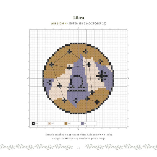 Cross-stitch pattern for Libra zodiac sign on a grid background