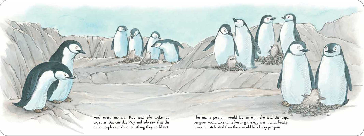Illustration of penguins on a rocky shore with text