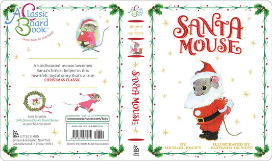Book cover of 'Santa Mouse' with a mouse in a Santa outfit on a white background.