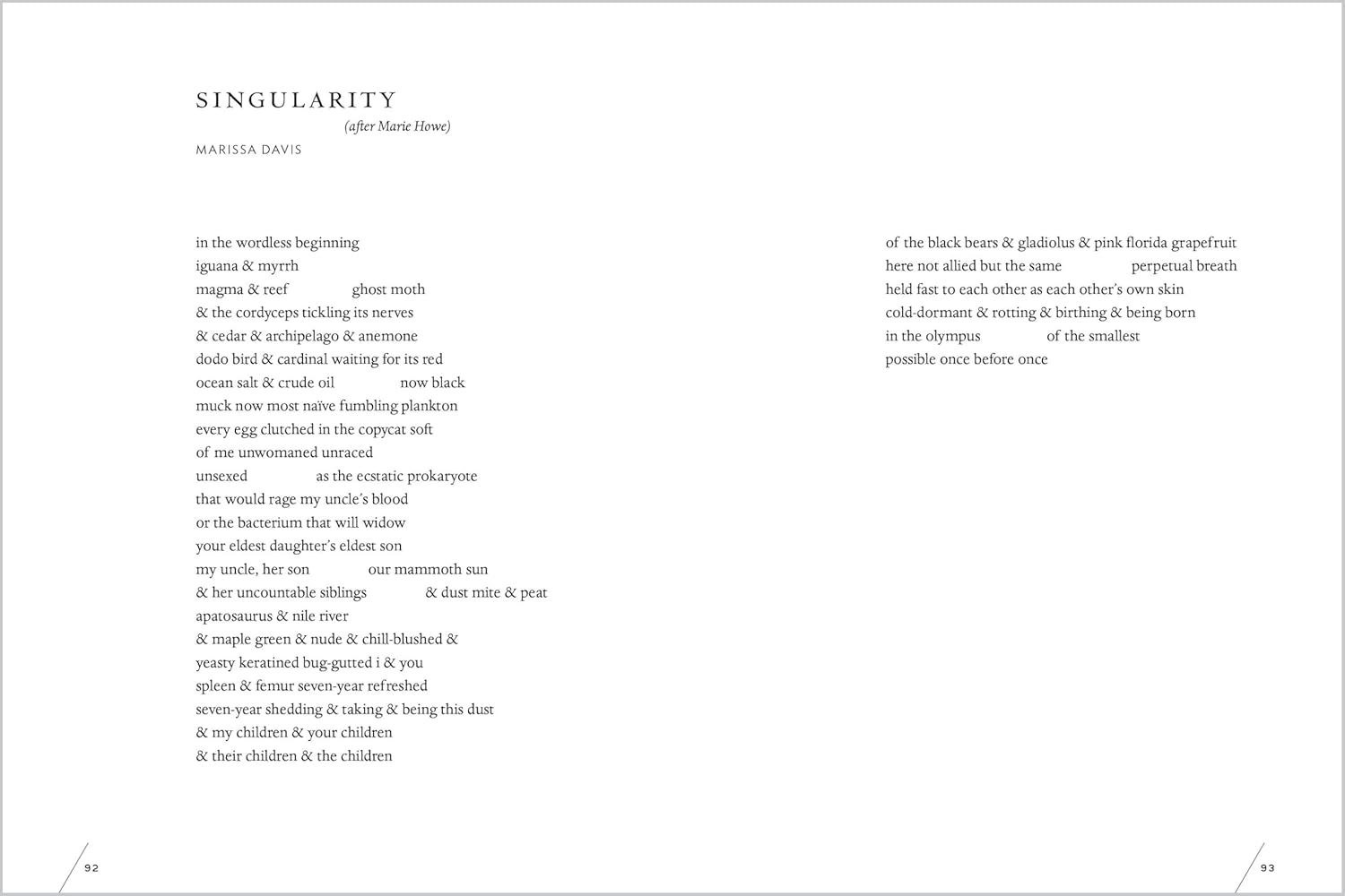 Page from a book with a poem titled 'Singularitty' by Maudella Davies on a white background.