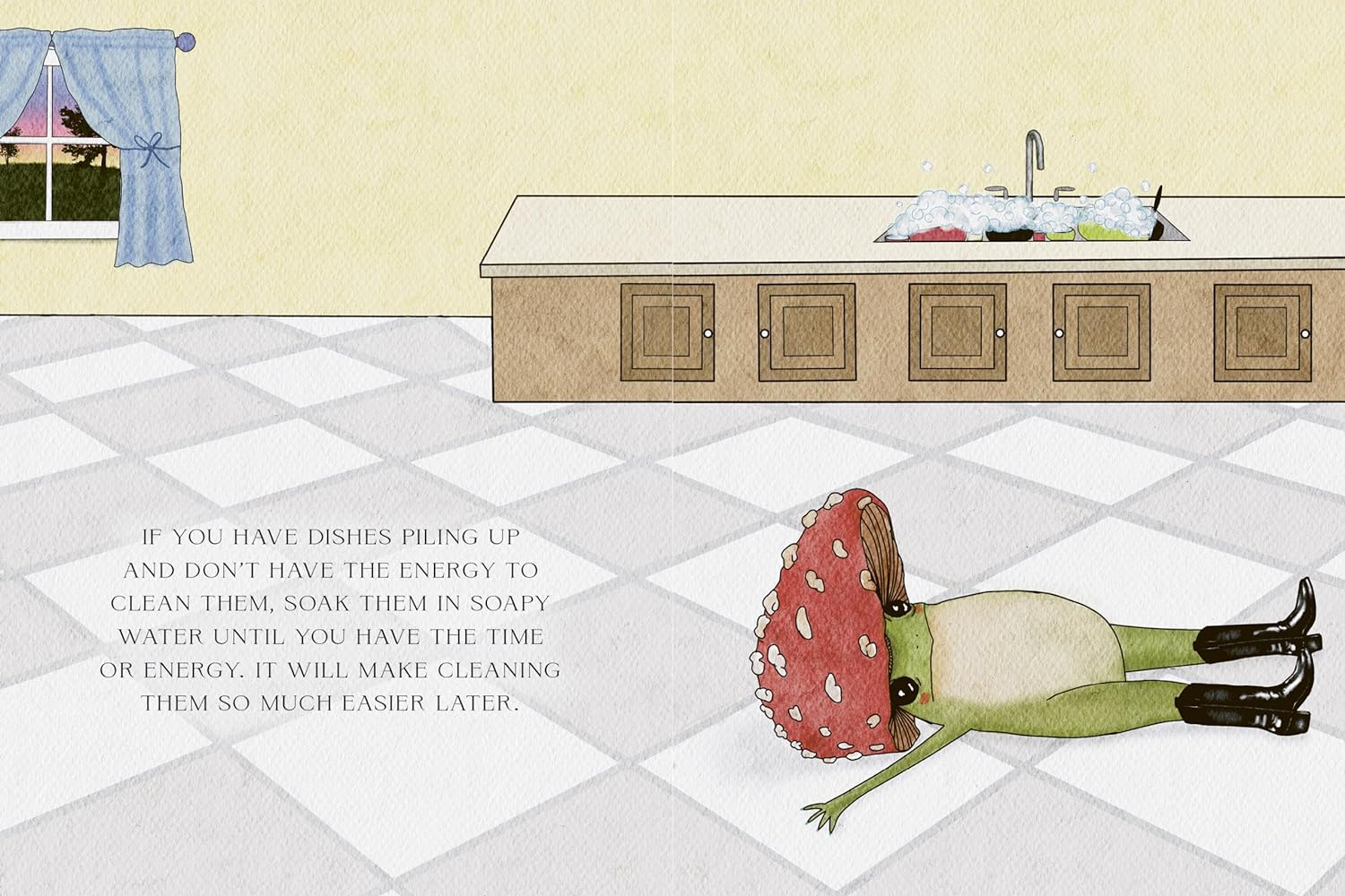 Cartoon frog on a tiled kitchen floor with text about dishwashing.