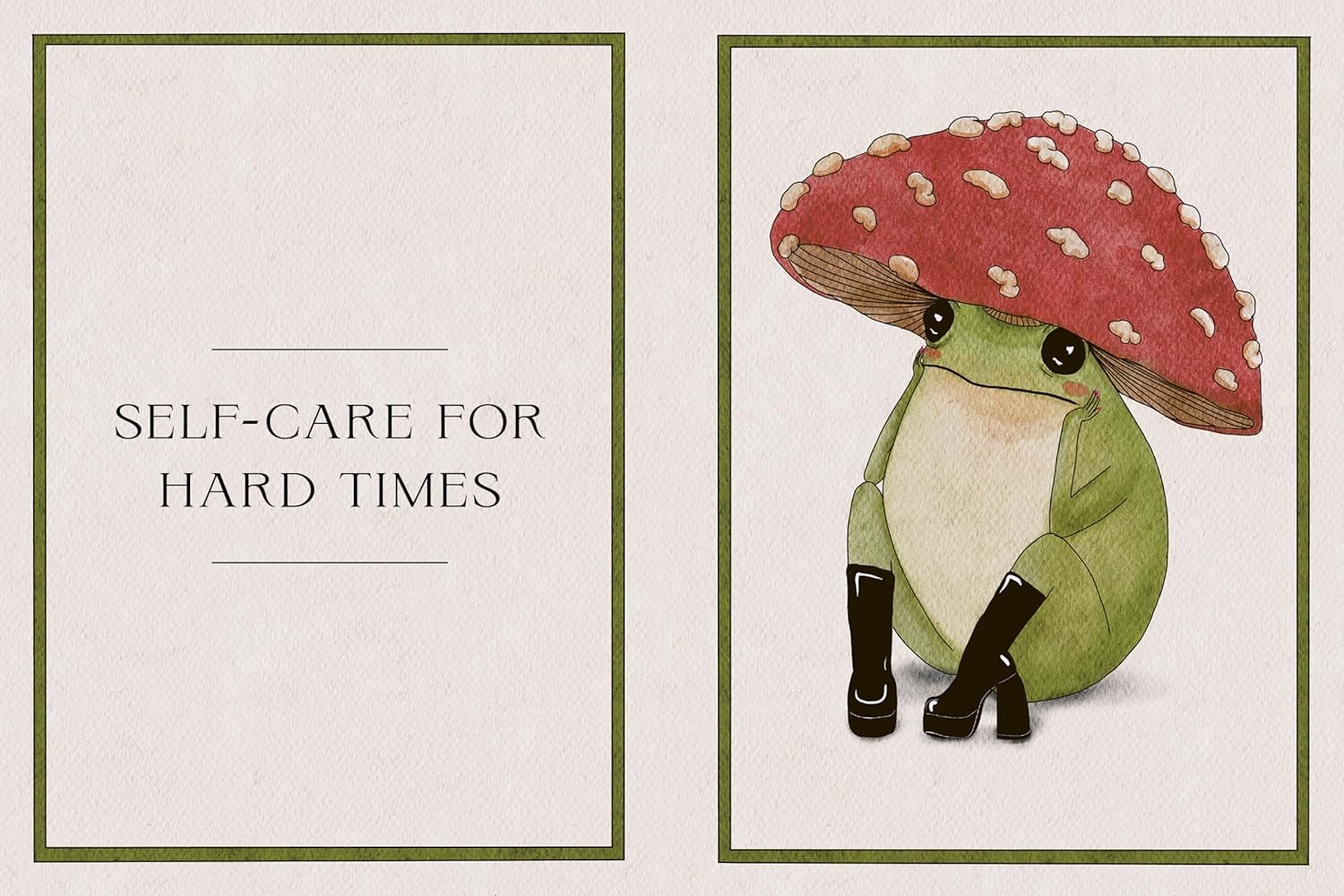 Illustration of a frog with a red mushroom hat and text 'Self-care for hard times' on a light background.