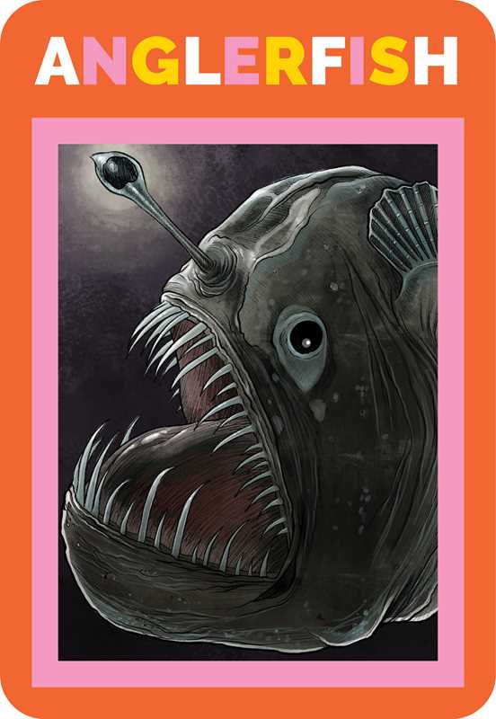 Illustration of an anglerfish with a colorful border and text.