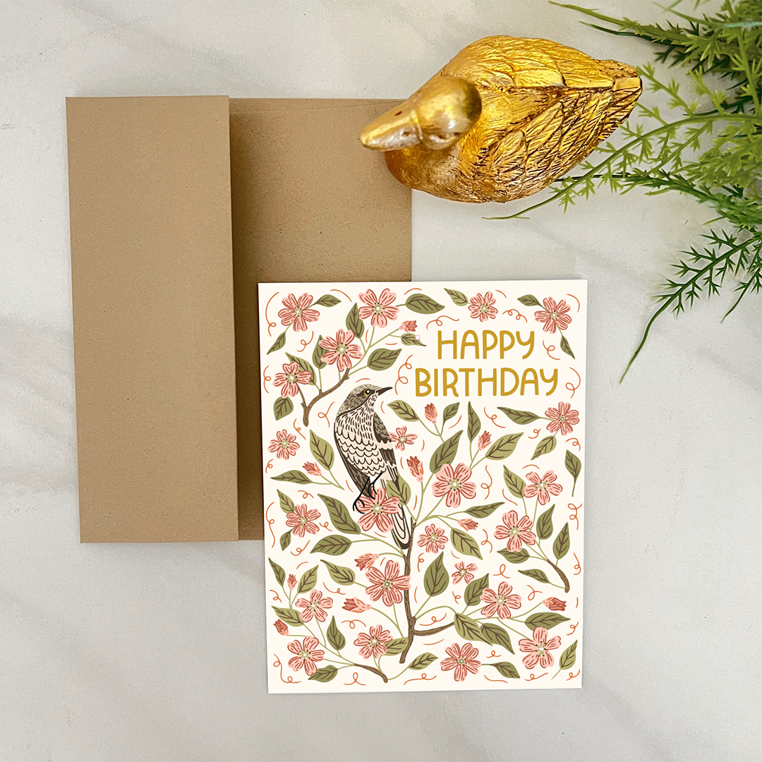 Apple Blossom Birthday Card - Bird & Floral Greeting Card