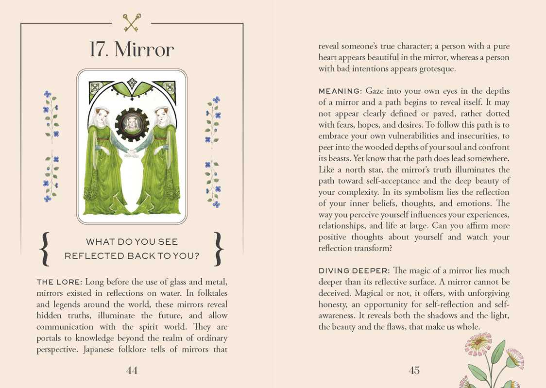 Page from a book or magazine featuring an illustration of a mirror with text about its meaning and reflection.