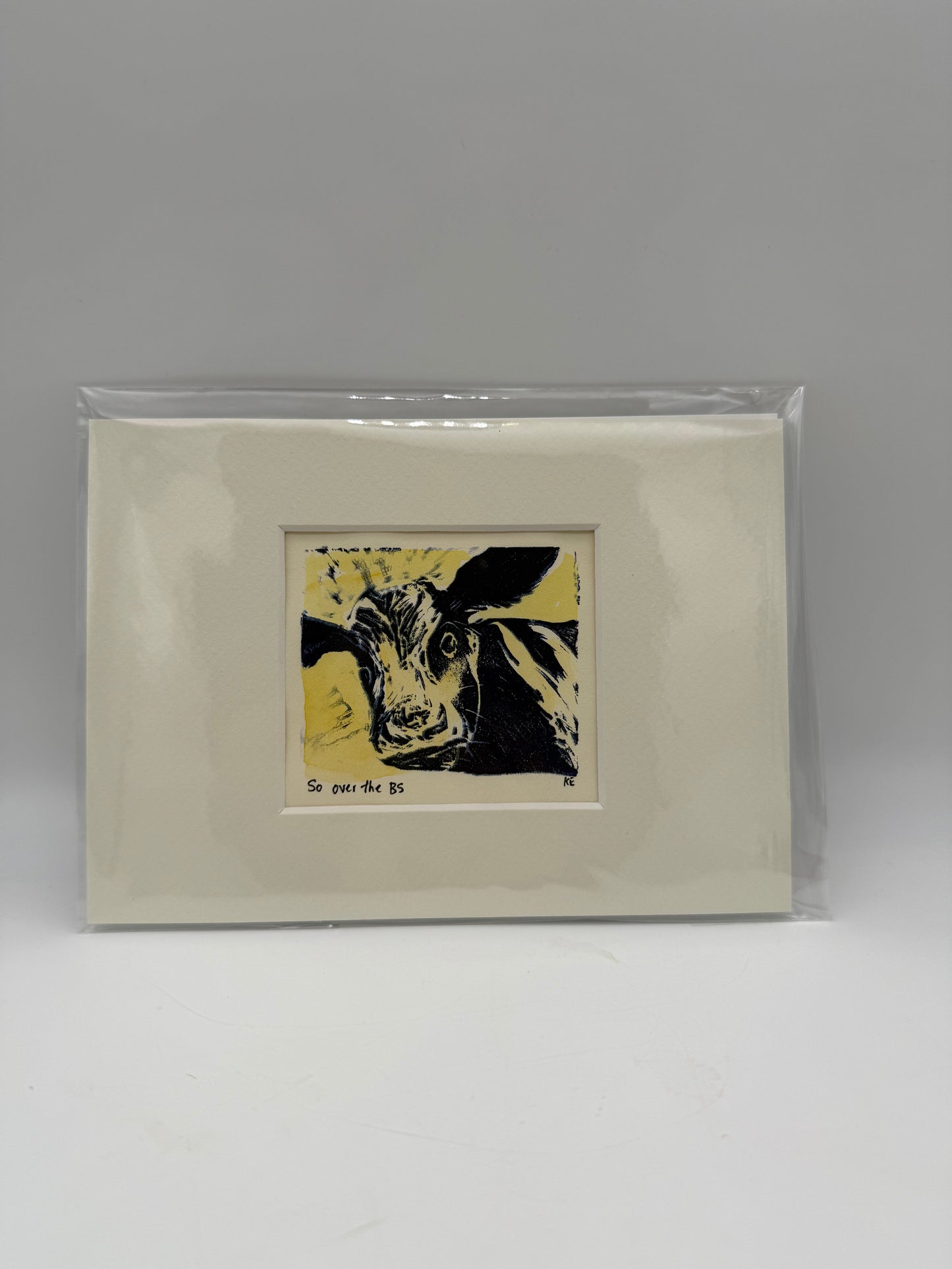 Original Linocut Matted Print 5X7 - Mad Cow