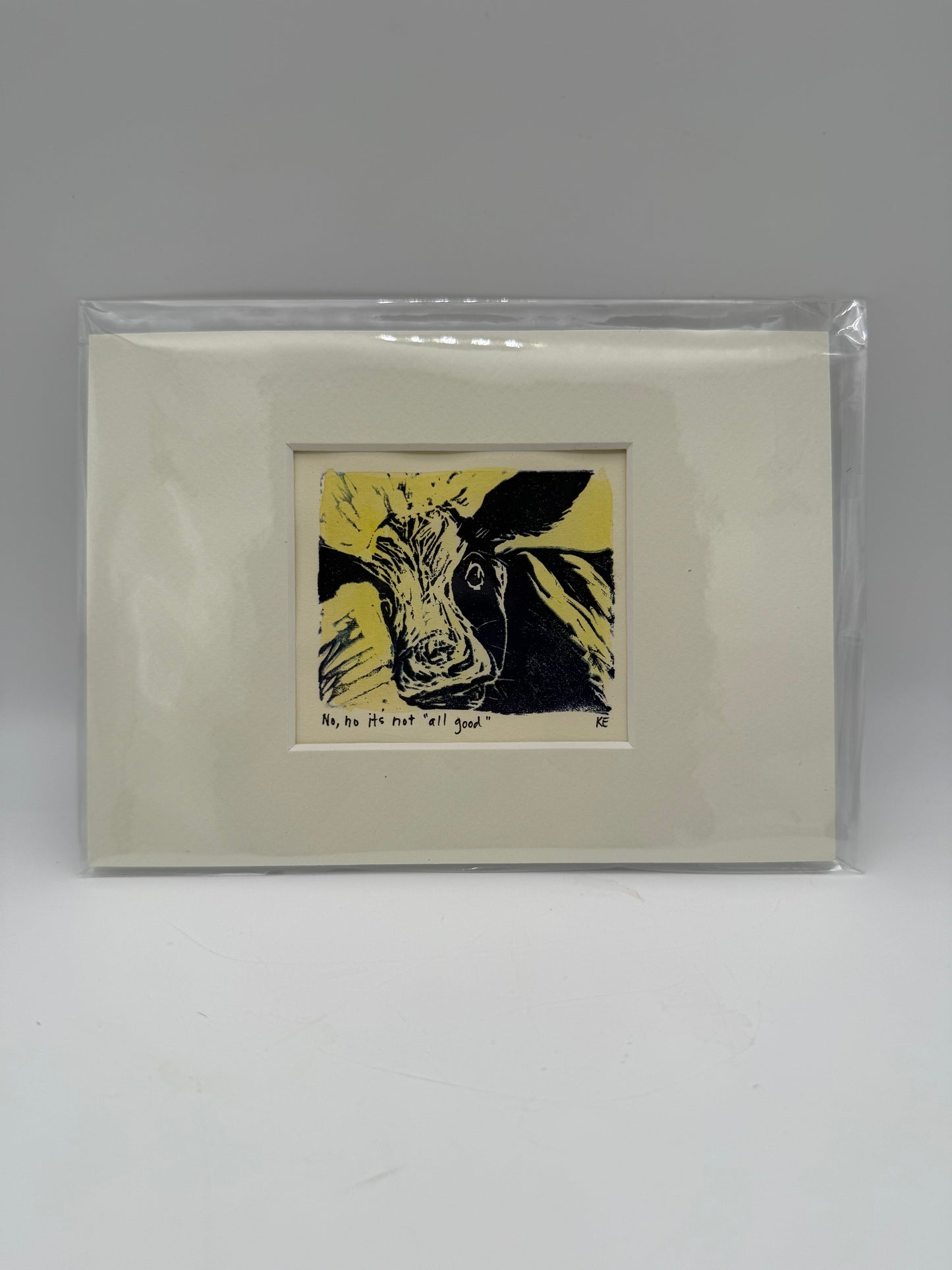 Original Linocut Matted Print 5X7 - Mad Cow