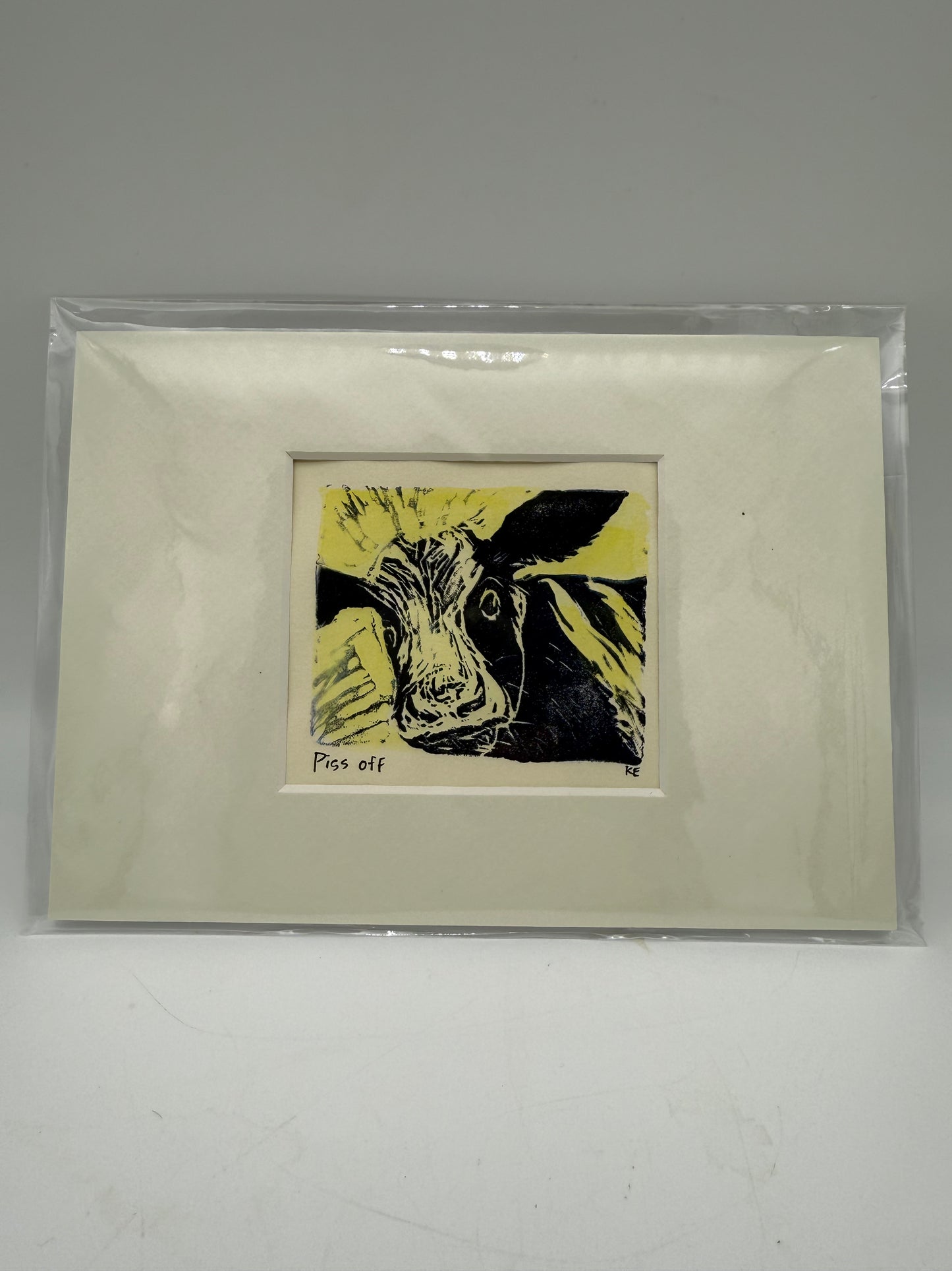 Original Linocut Matted Print 5X7 - Mad Cow