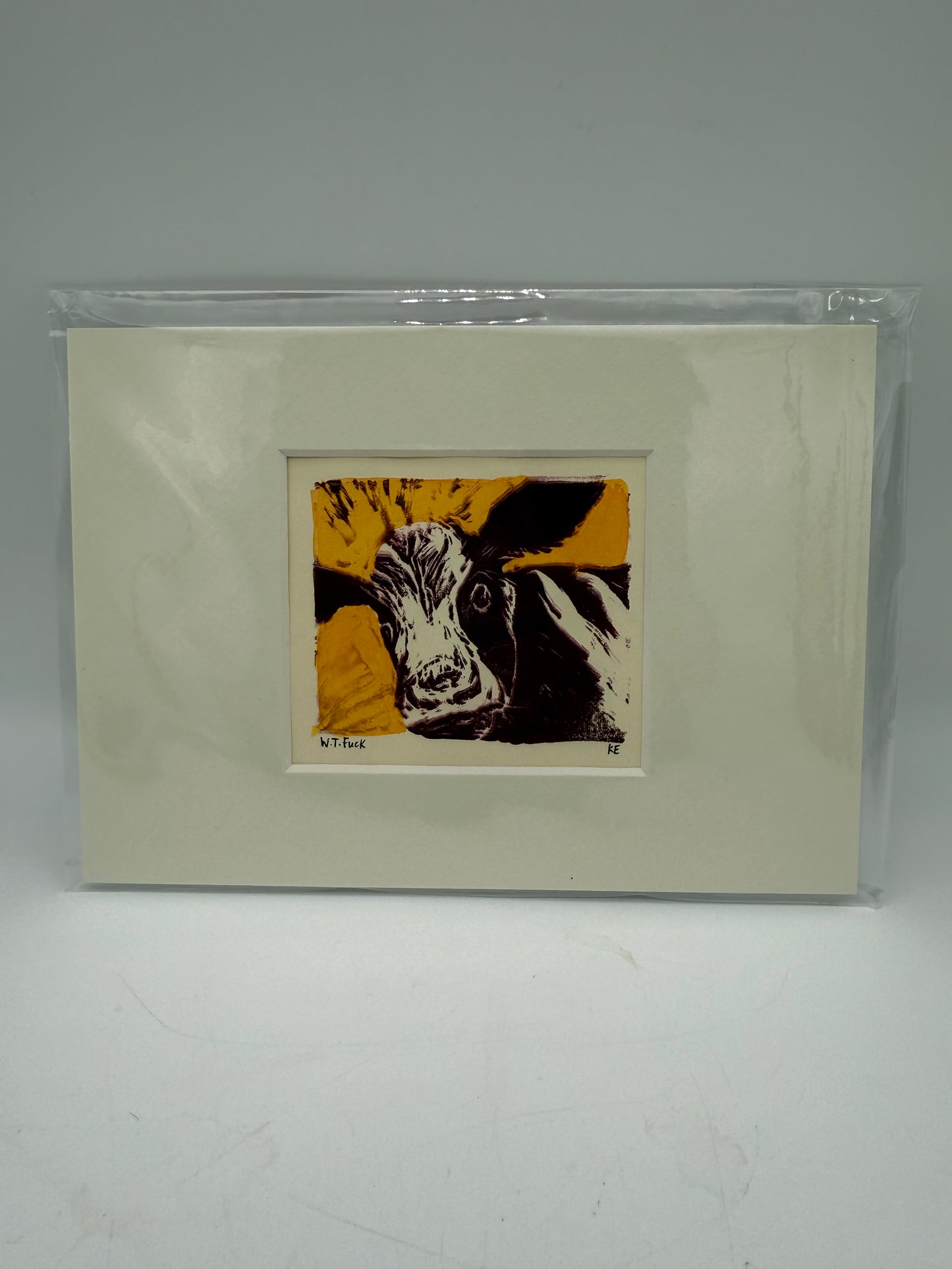 Original Linocut Matted Print 5X7 - Mad Cow