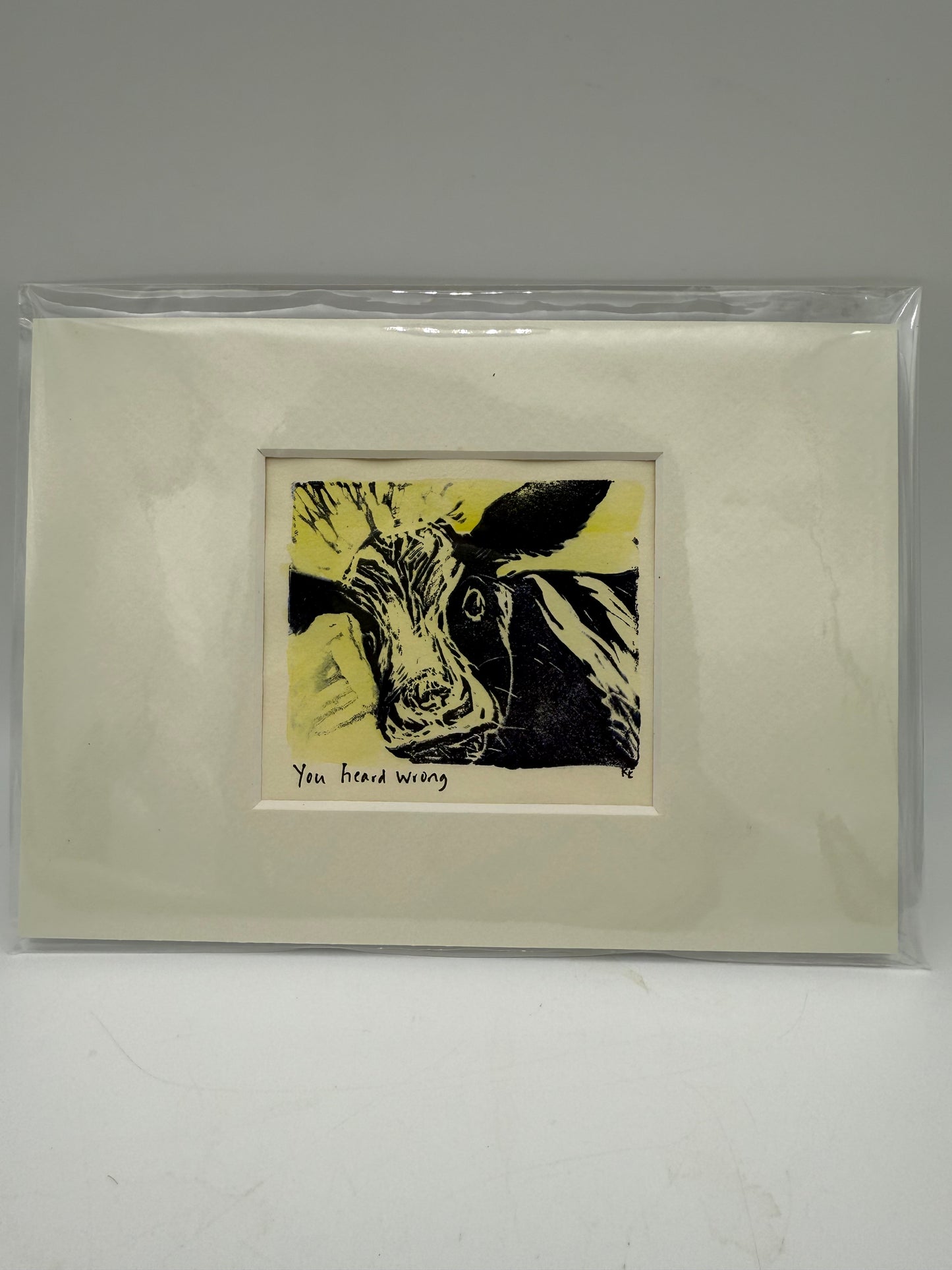 Original Linocut Matted Print 5X7 - Mad Cow