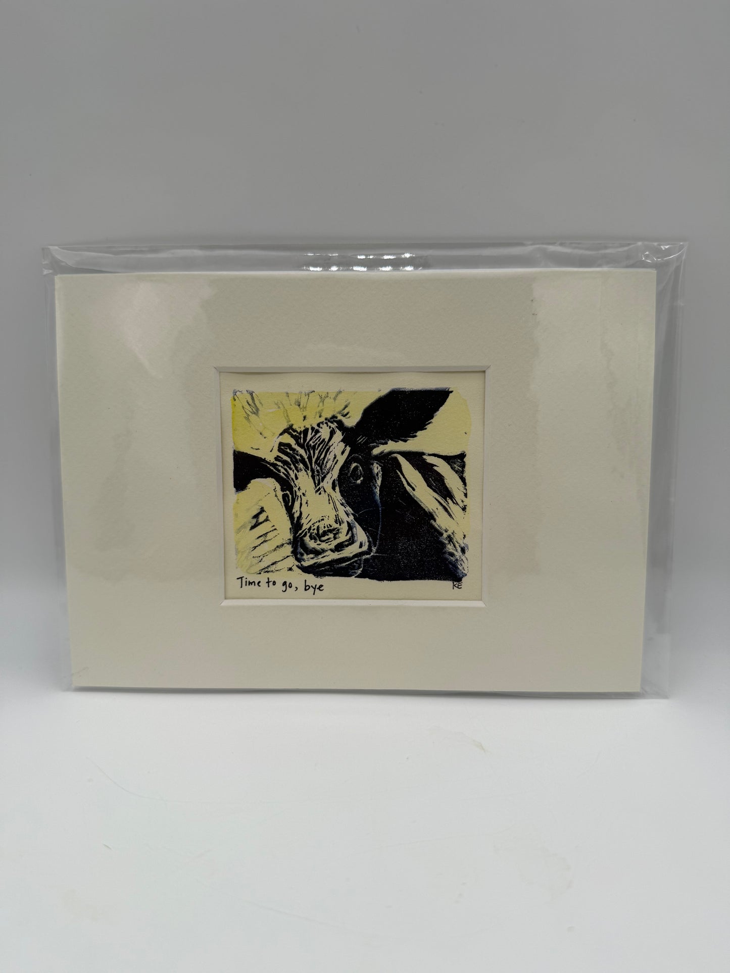 Original Linocut Matted Print 5X7 - Mad Cow