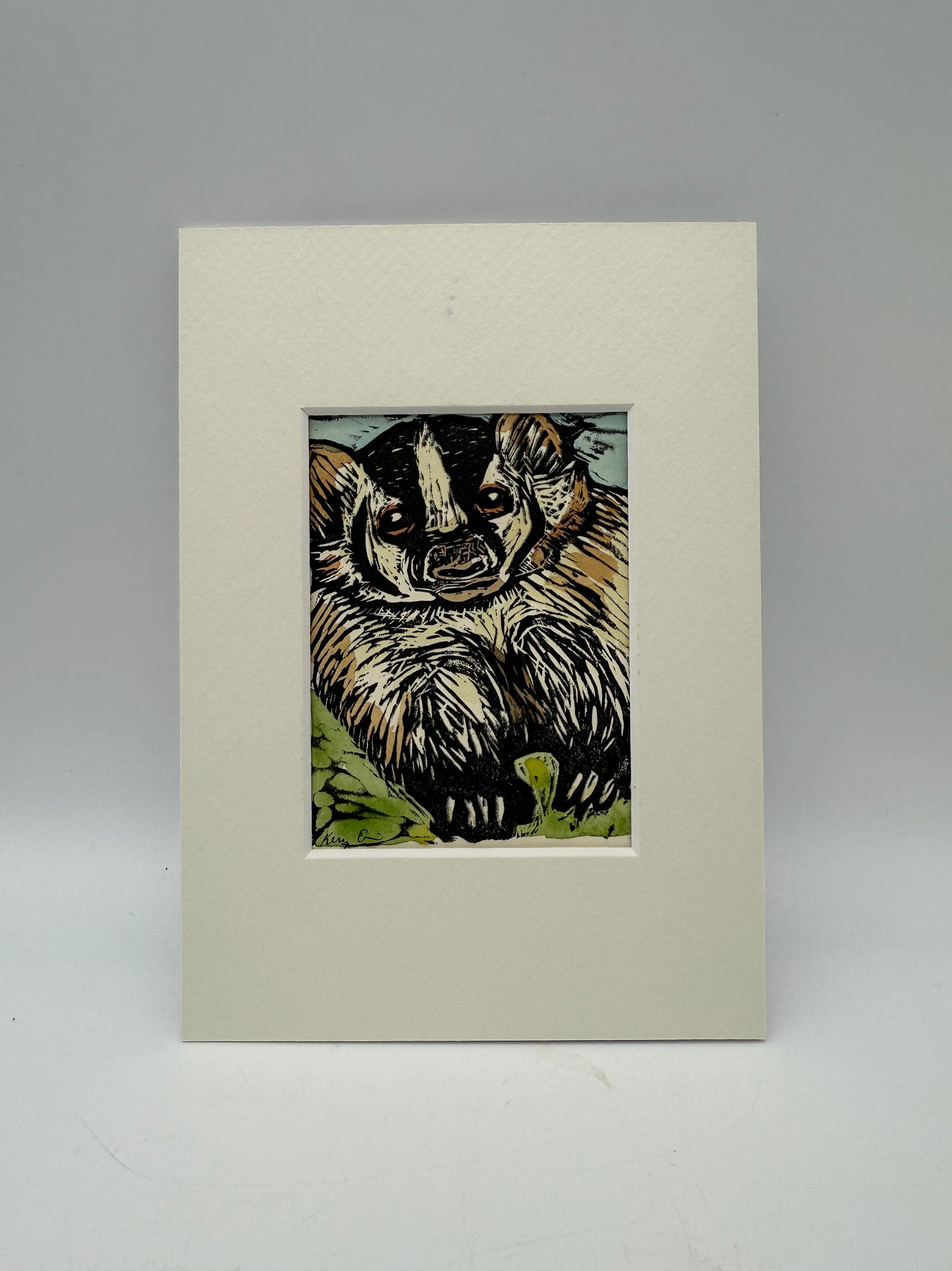 Original Linocut Matted Print 5X7 - Badger