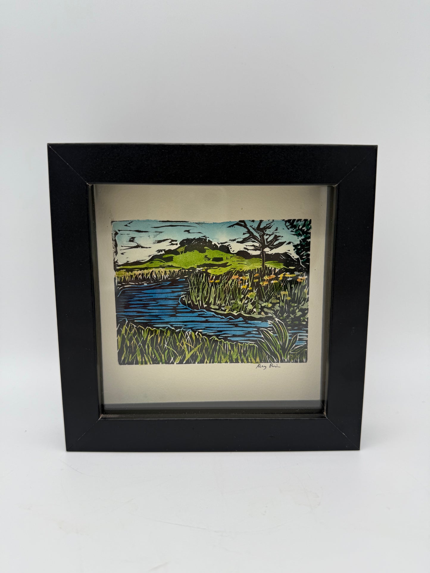 Shadow Box Original Hand Painted Linocut