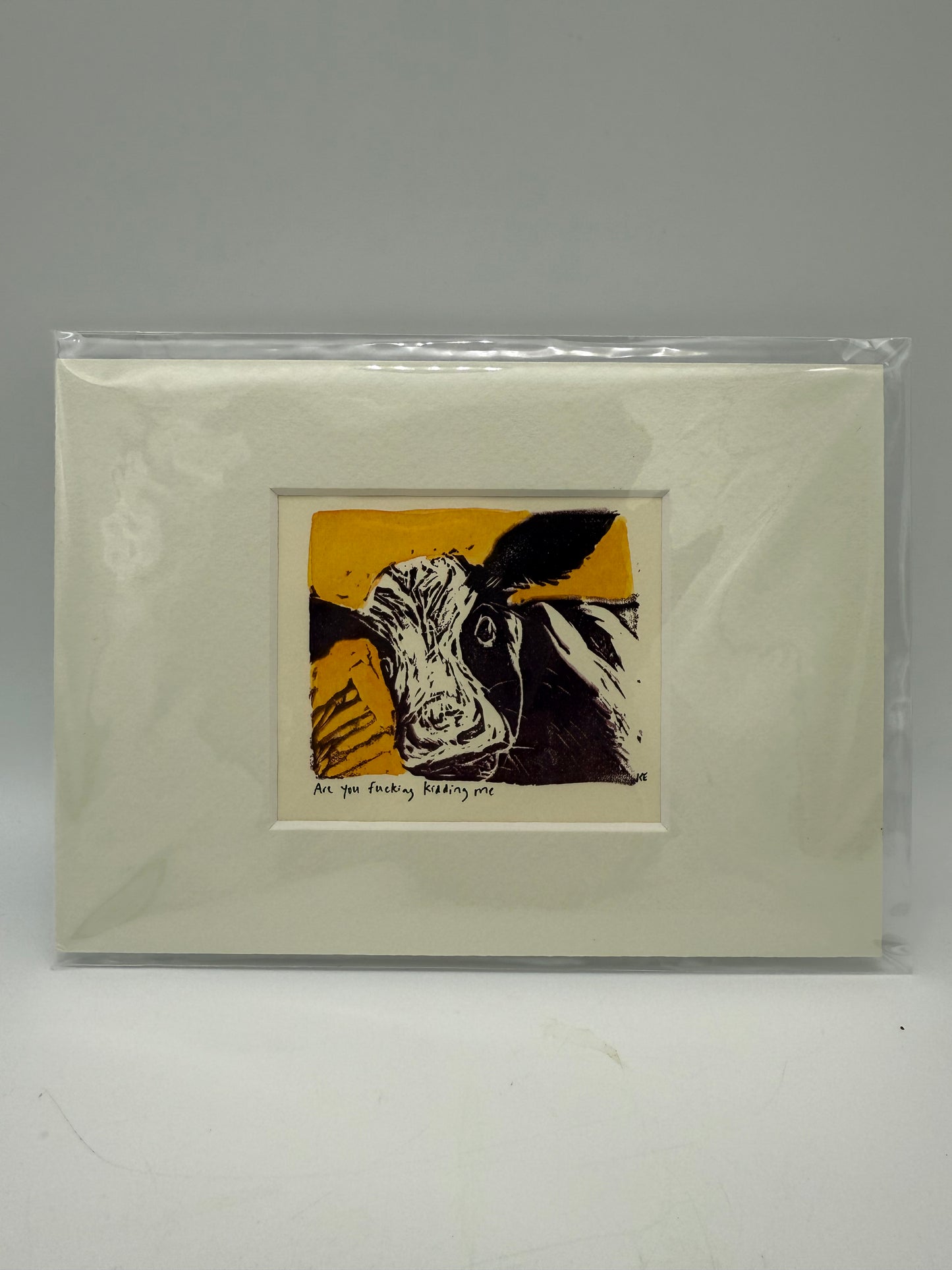 Original Linocut Matted Print 5X7 - Mad Cow