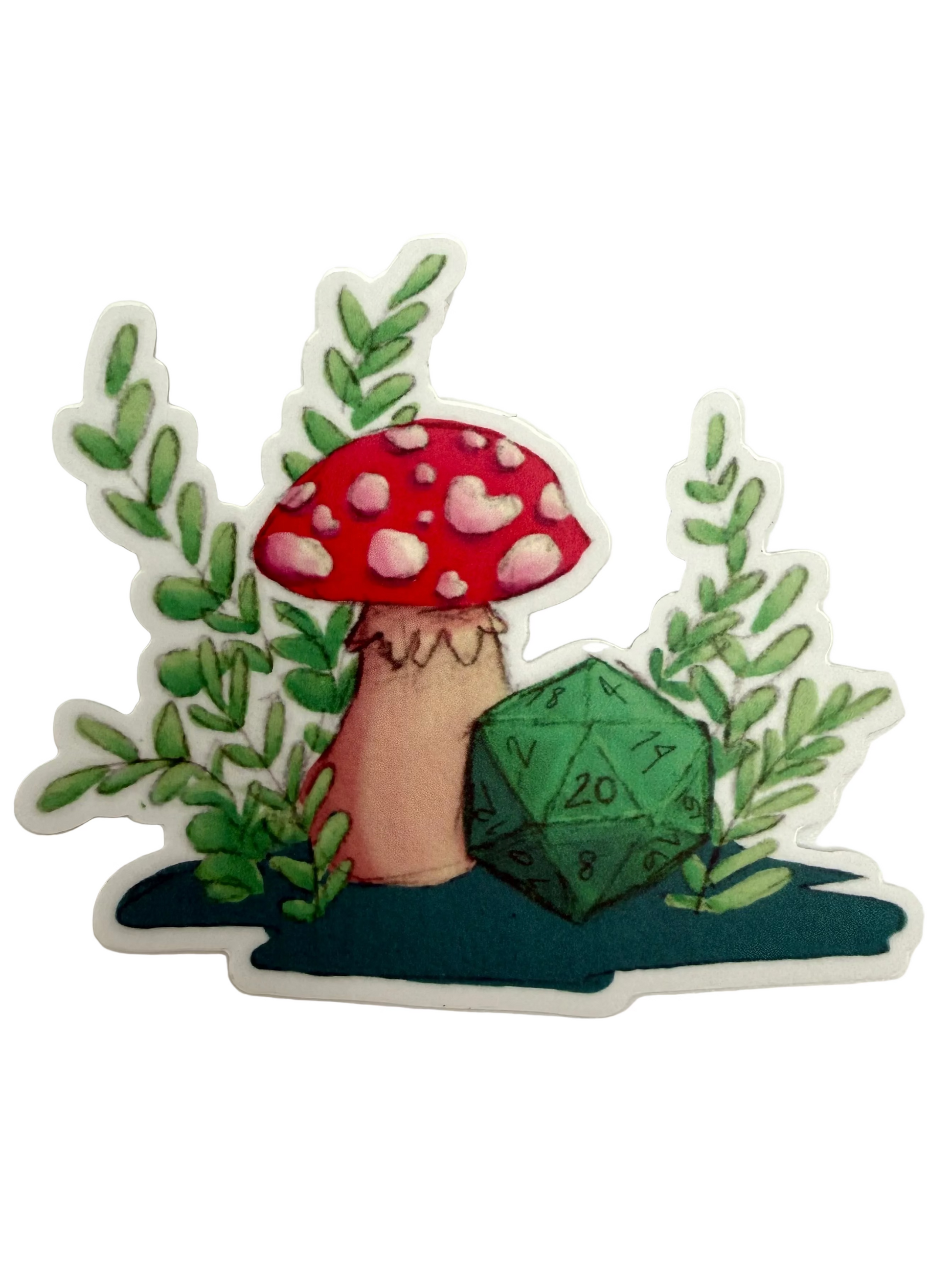 Sticker with a mushroom, green die, and foliage on a white background
