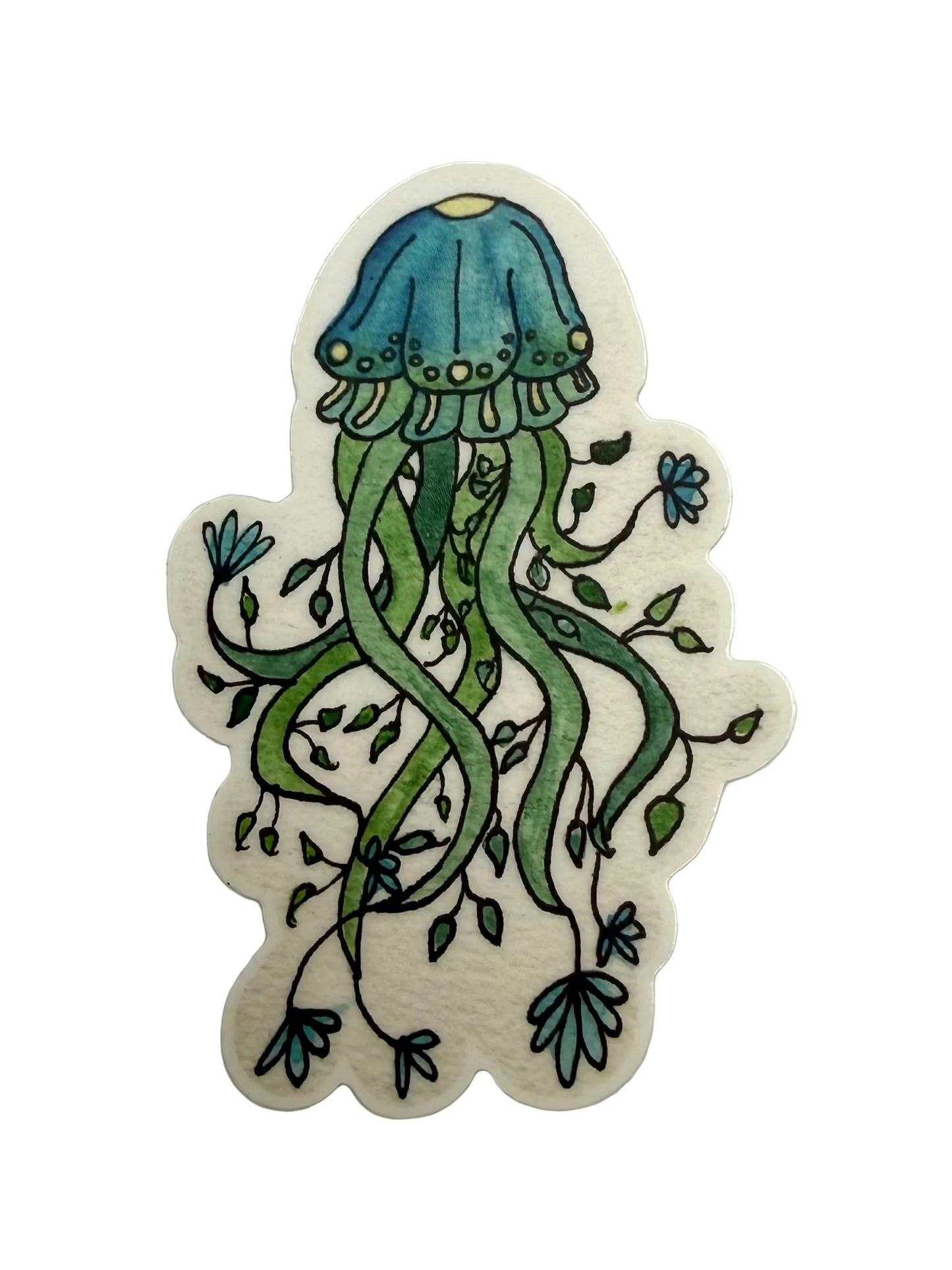 Sticker of a blue and green jellyfish on a light gray background