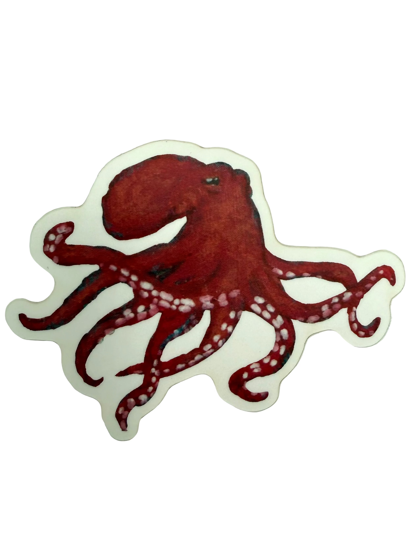 Red octopus sticker on a light gray background