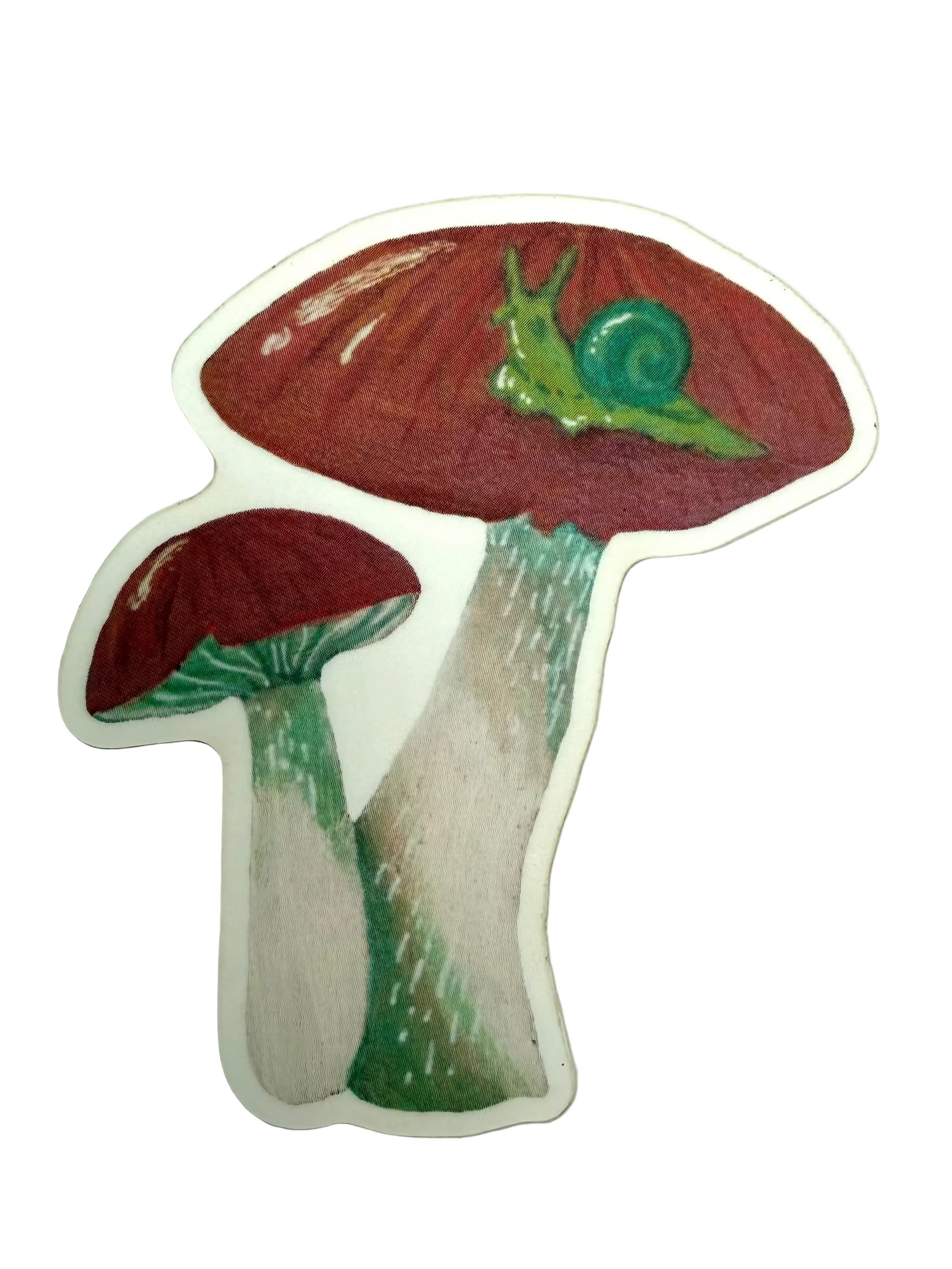 Sticker of two red mushrooms with a green snail on a light gray background