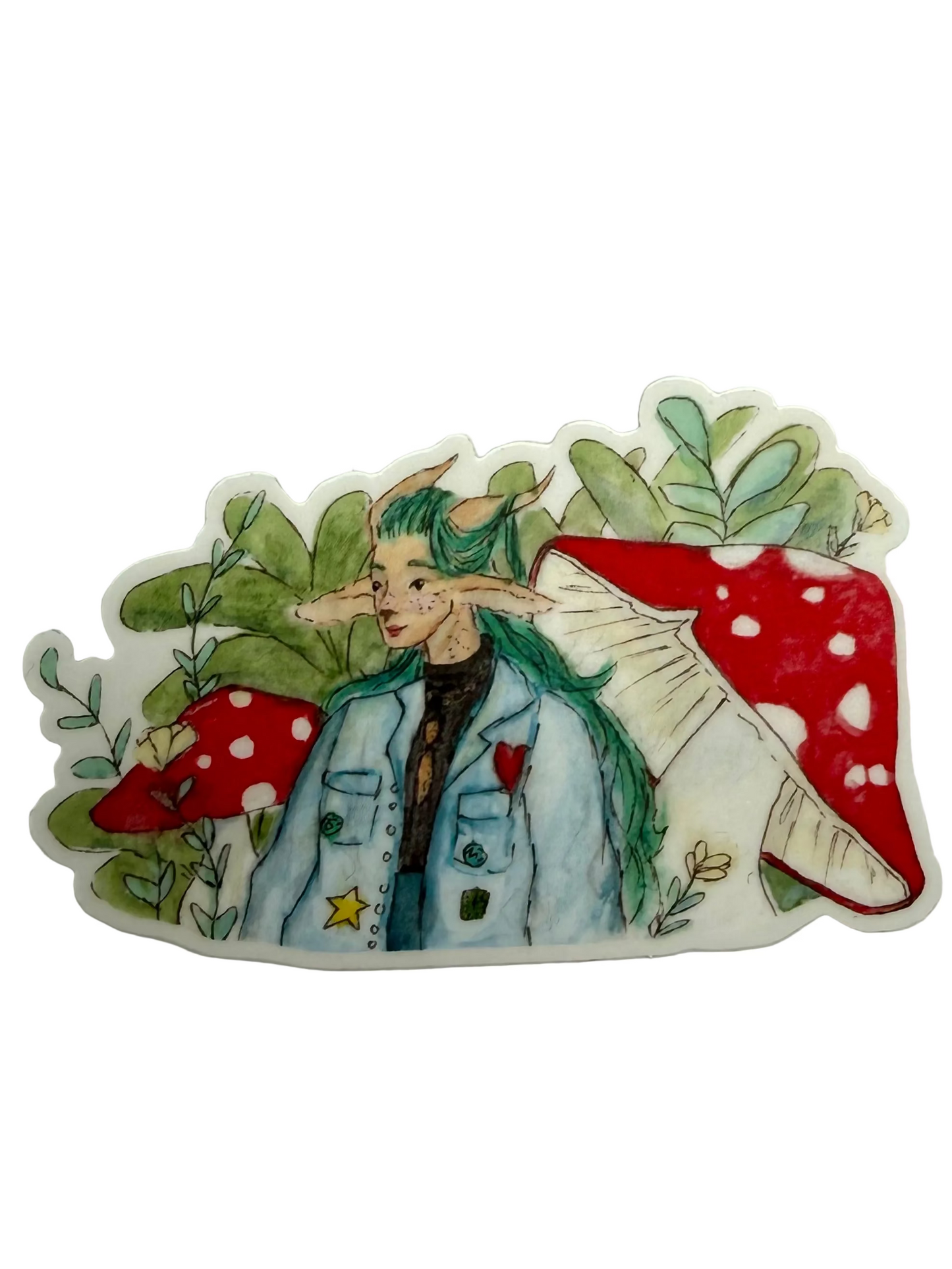 Sticker of a person with green hair and animal ears, surrounded by plants and red mushrooms on a white background.