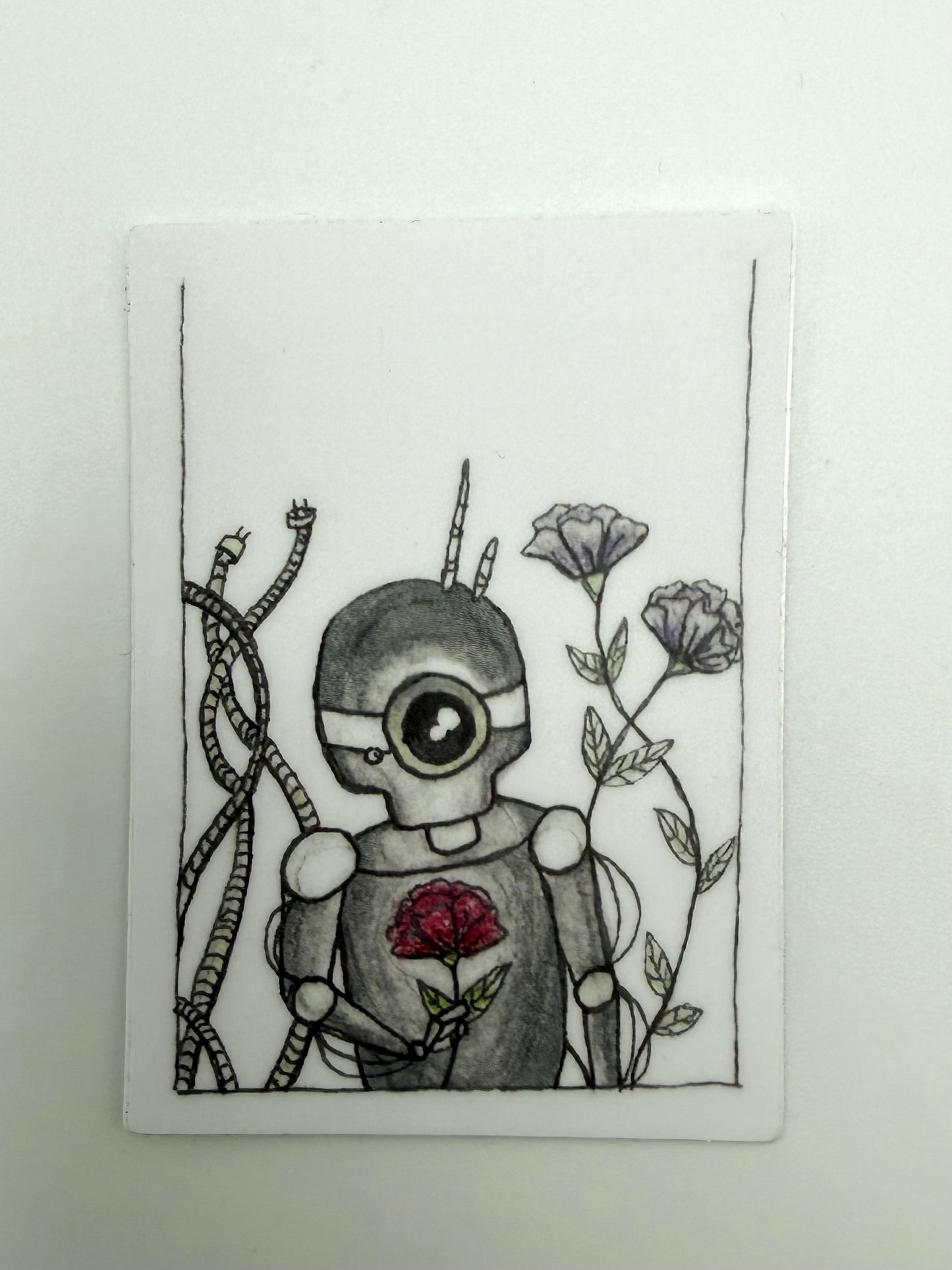 Illustration of a robot holding a rose with flowers in the background on a white card.