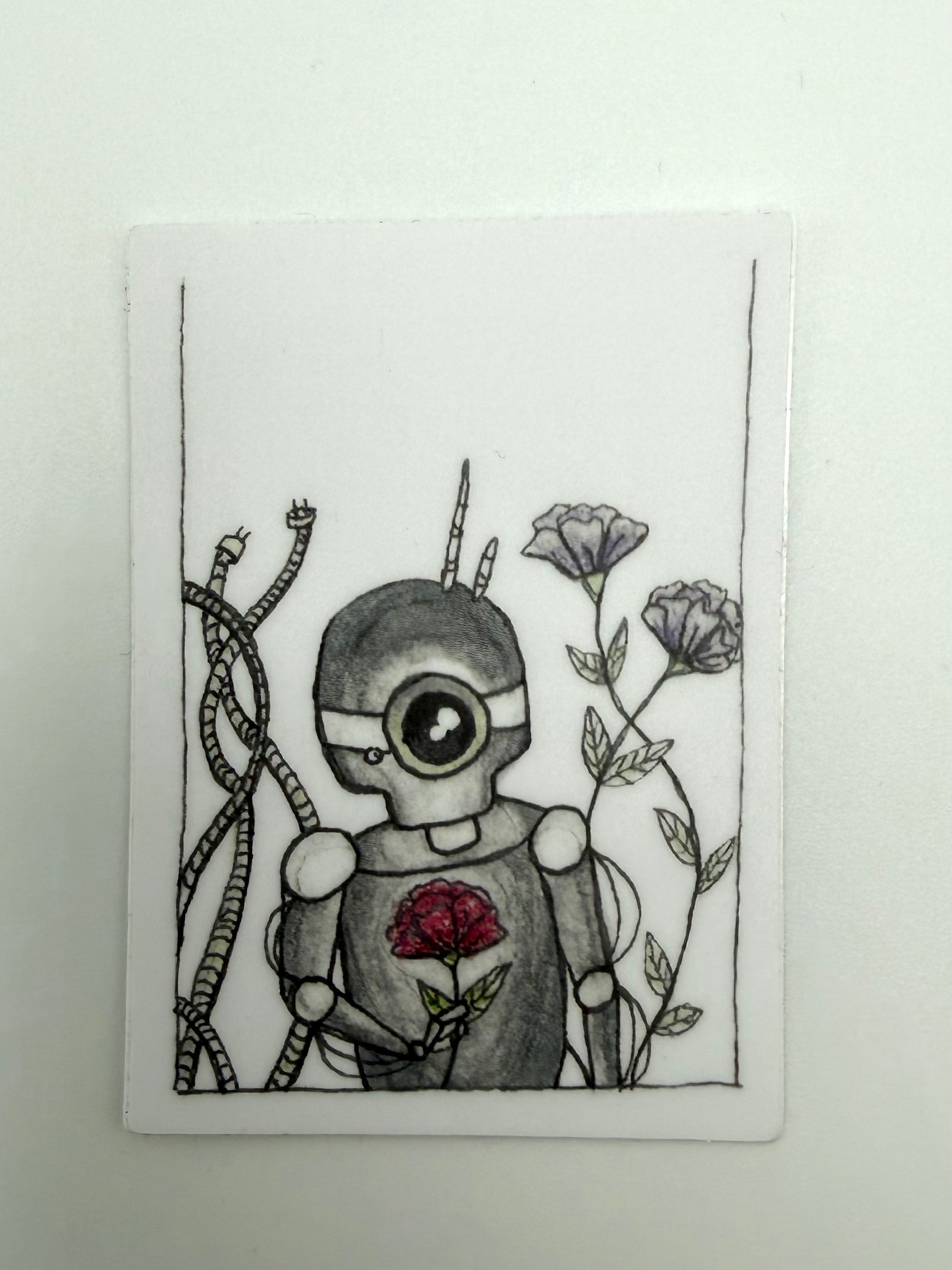 Illustration of a robot holding a rose with flowers in the background on a white card.