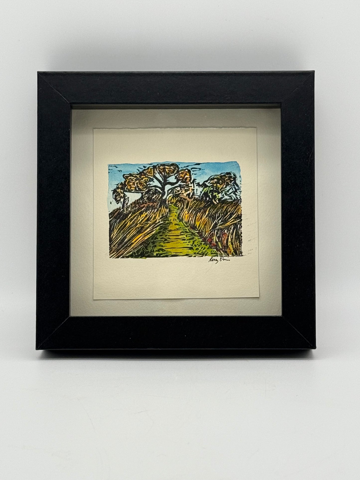 Shadow Box Original Hand Painted Linocut