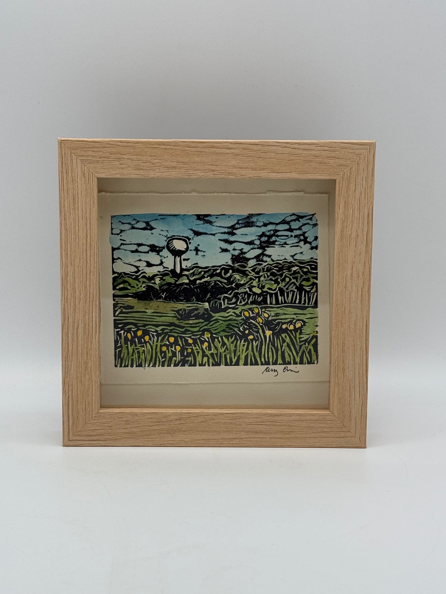 Shadow Box Original Hand Painted Linocut