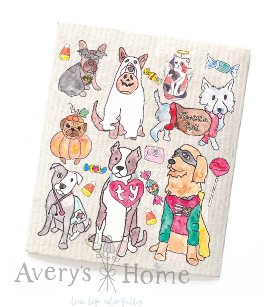 Halloween with Costumed Dogs Swedish Dishcloth